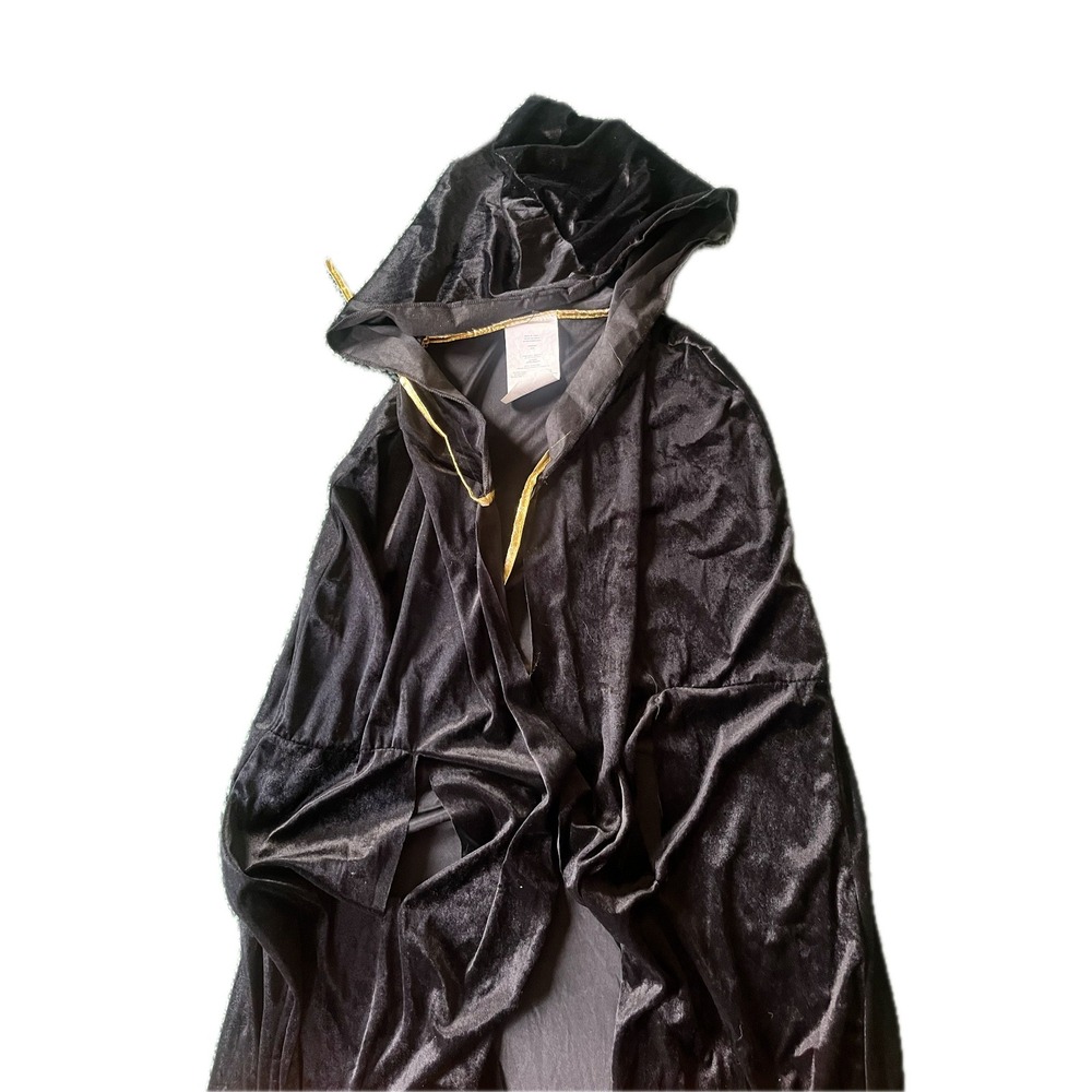 Black Hooded Cloak with Gold Trim Crushed Velvet Costume Cape One Size Halloween